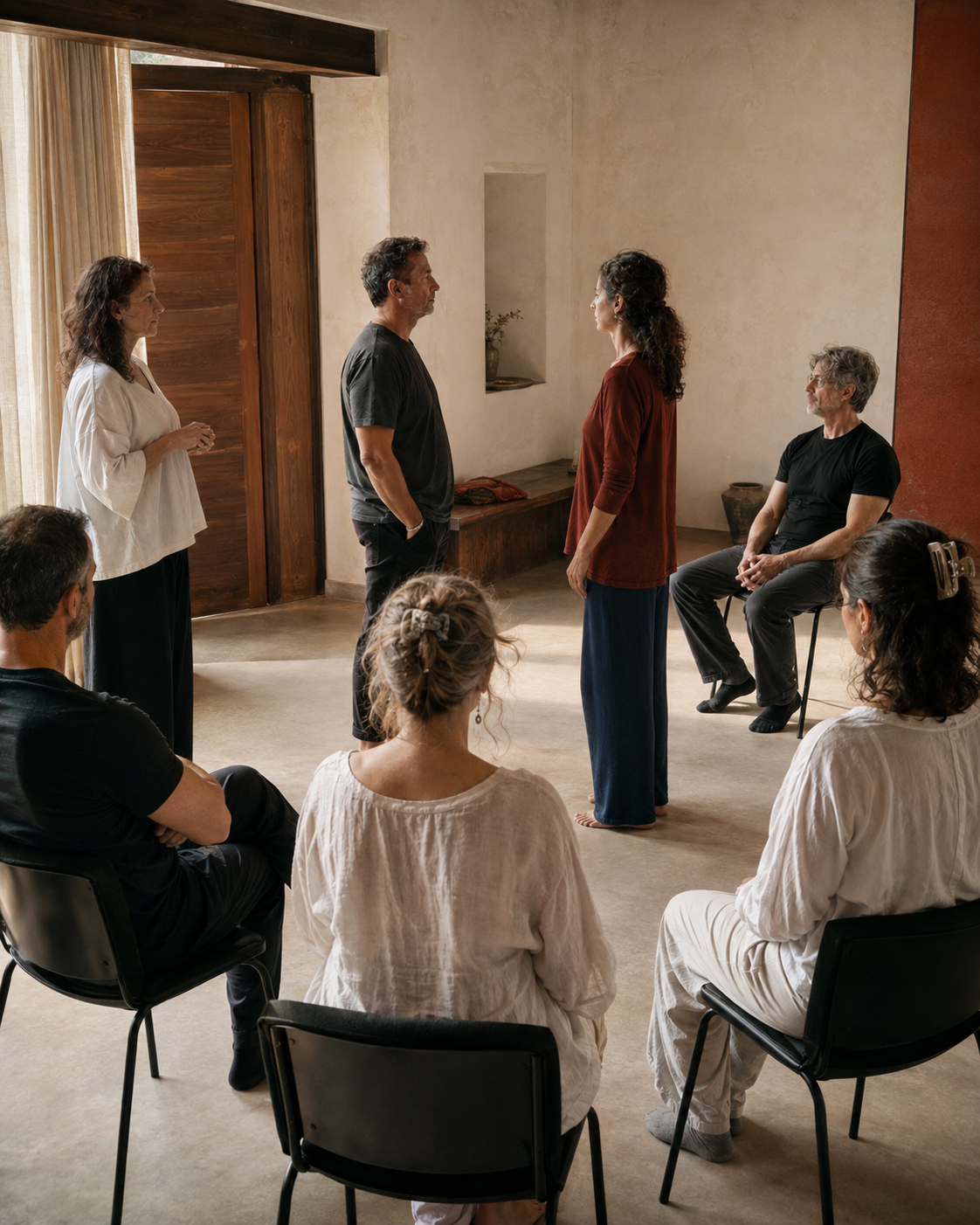 Grupo de personas adultas participando en un taller de constelaciones familiares