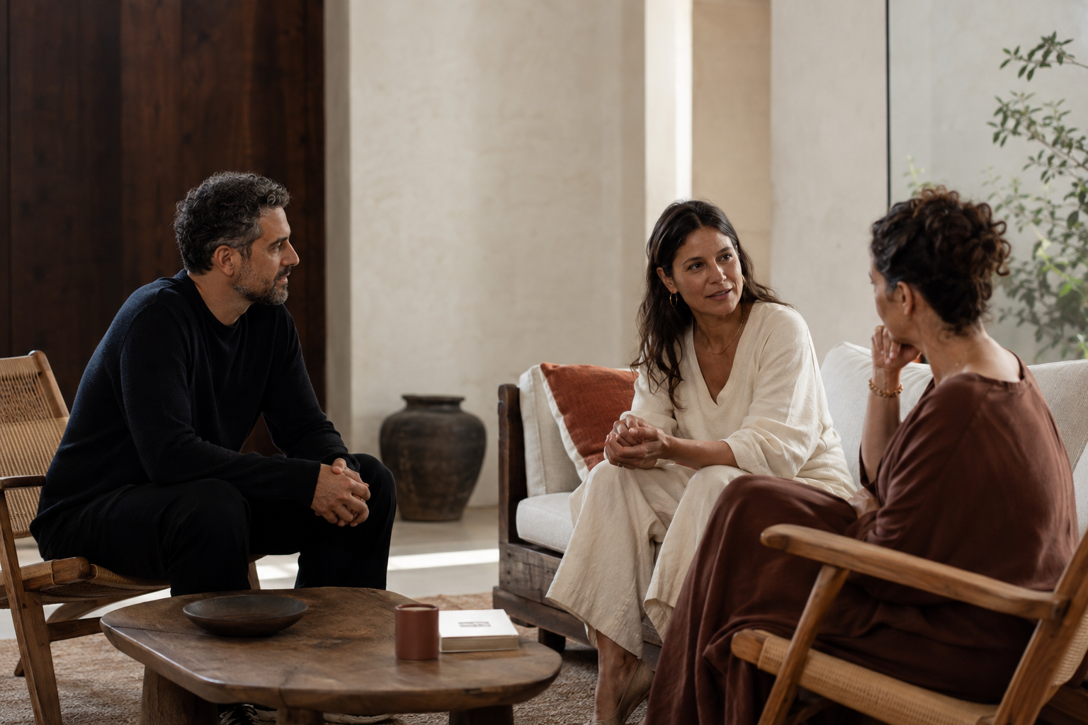 Tres personas conversando en un espacio de acompañamiento