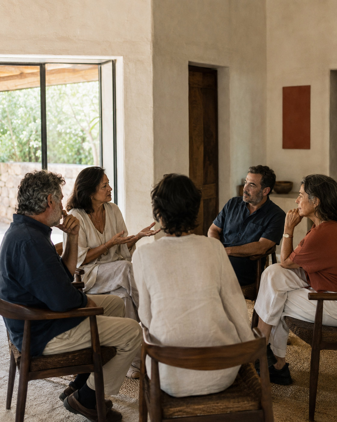 Personas adultas participando de una conversación profunda y reflexiva