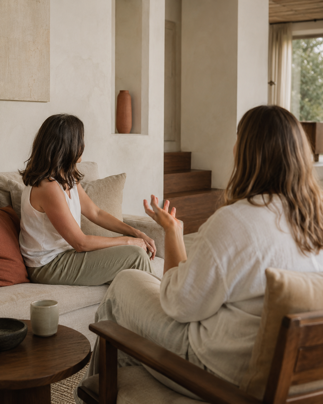 Dos personas en una conversación individual cálida y profesional